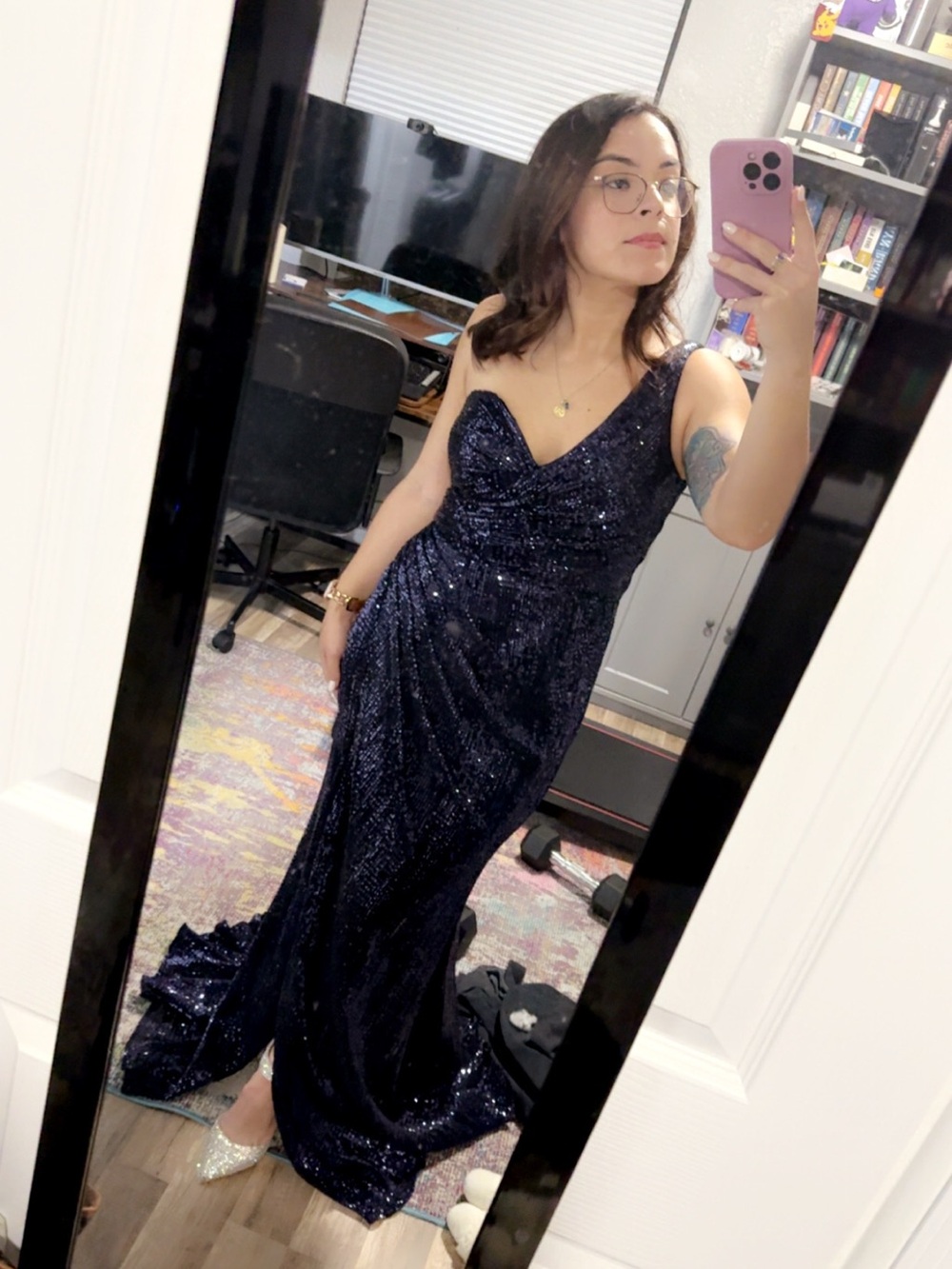Women’s Navy One-Shoulder Sequin Evening Dress